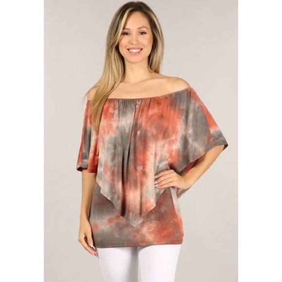 Rust Gray Multi Way Tie Dye Boho One Shoulder Top - Picture 5 of 8
